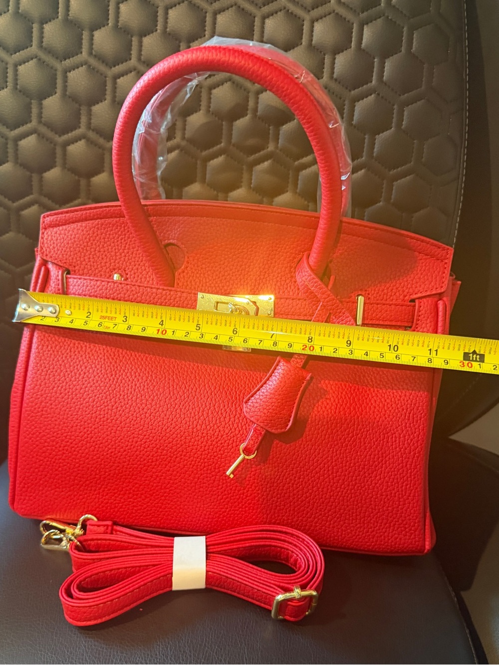 Bright Red Structured Top-Handle Women’s Handbag with Gold Hardware - Picture 3 of 7